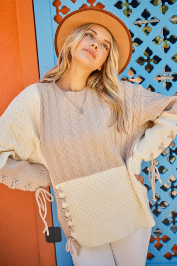 Cable Knit Color Block and Lace Up Sweater