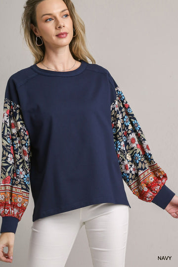 French Terry Top with Floral Sleeves