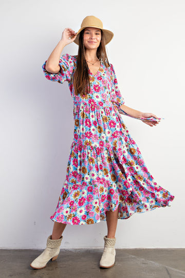 Bubble Sleeve Printed Dress