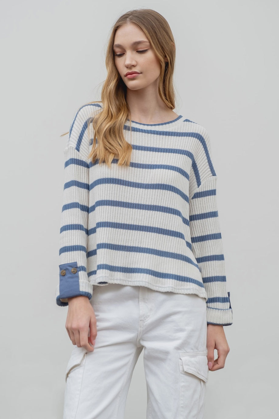 Striped 3/4 Folded Sleeve Knit Top