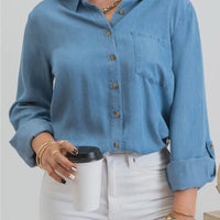 Tab Sleeve Collared Button Down Chambray Top