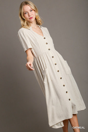 Linen Pleated Dress with Front Pockets