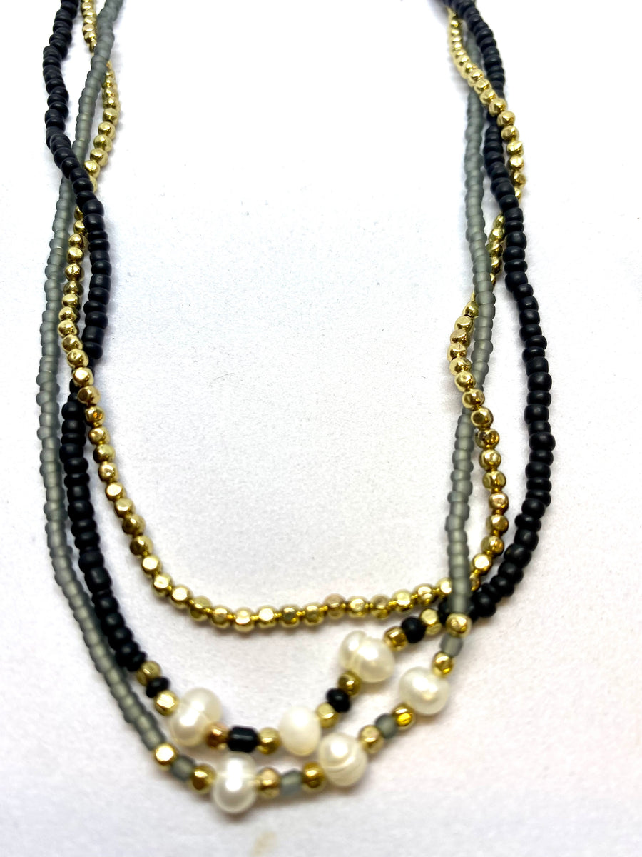 Triple Strand Gold and Black Necklace