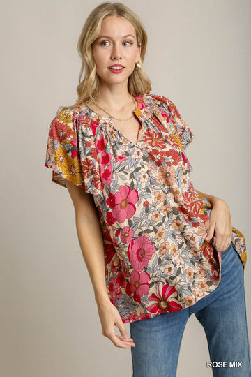 Floral Print Wide Ruffle Sleeve Top
